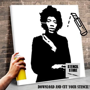 May include: Black and white stencil of a musician with long hair, a black jacket, and a microphone. The stencil is on a white canvas with the text "DOWNLOAD AND CUT YOUR STENCIL!" and "STENCIL STORE" in the bottom right corner.