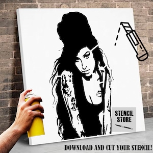 May include: Black and white stencil of a woman with long hair and a tattoo on her arm. The stencil is on a white canvas and there is a spray paint can and a craft knife in the image. The text "DOWNLOAD AND CUT YOUR STENCIL!" is at the bottom of the image.