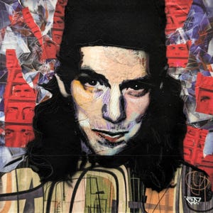 Eddie Vedder – Ritratto originale fatto a mano | Collage, inchiostro e acrilico su carta | Opera unica da parete 19x19 cm