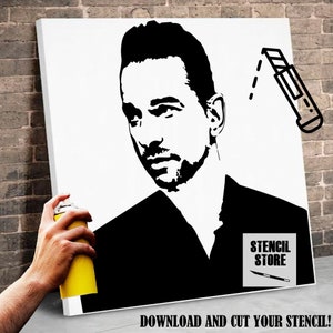 Peut inclure: Pochoir noir et blanc d'un visage d'homme sur une toile blanche. Le pochoir est prêt à être découpé avec un couteau artisanal. Le texte "STENCIL STORE" est dans le coin inférieur droit de la toile.