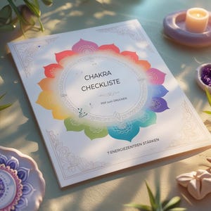 May include: A white paper with the text "CHAKRA CHECKLISTE" in a circular design with a rainbow-colored floral pattern. The text "PDF zum DRUCKEN" is also visible. The image includes a candle and a small dish.