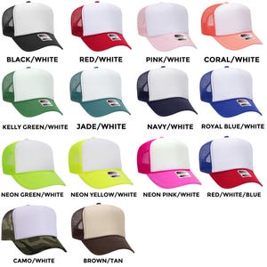 May include: A collection of trucker hats in various colors, including black, red, pink, coral, green, jade, navy, and blue. Each hat features a white front panel and a mesh back, with text labels indicating the color combinations.