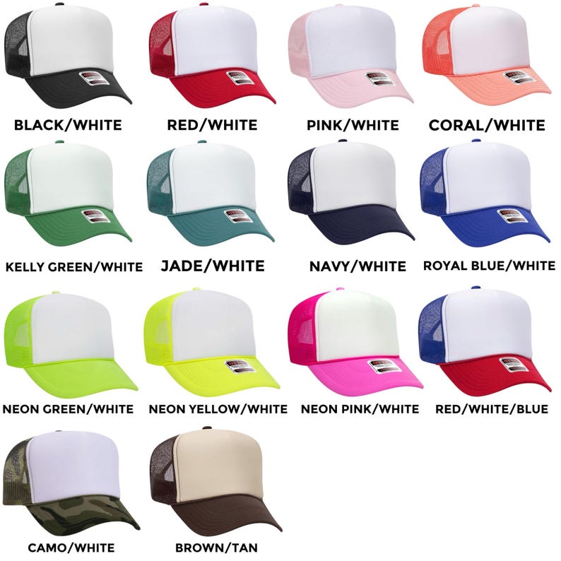 May include: A collection of trucker hats in various colors, including black, red, pink, coral, green, jade, navy, and blue. Each hat features a white front panel and a mesh back, with text labels indicating the color combinations.