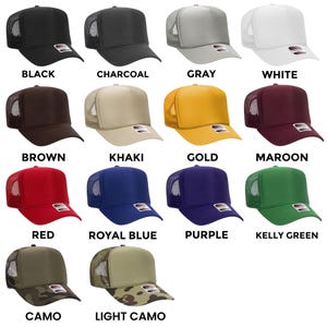May include: A collection of trucker hats in various colors, including black, charcoal, gray, white, brown, khaki, gold, maroon, red, royal blue, purple, kelly green, camo, and light camo. Each hat features a mesh back and a curved brim.