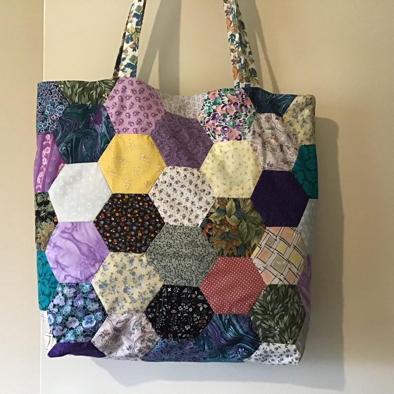 Handmade Vintage Hexagon Patchwork Tote Bag for Beach / Pool Shopping