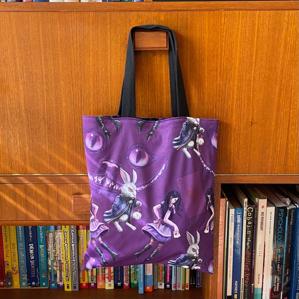 Alice im Wunderland Mini-Einkaufstasche, Lunchtasche, iPad-Tasche, komplett gefüttert – hergestellt aus neuem und recyceltem Stoff