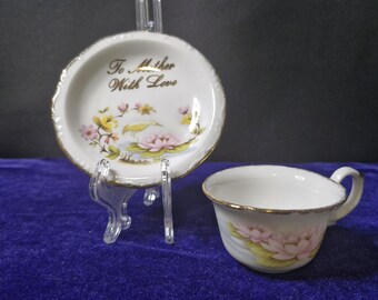 Miniature Bone China Cup & Saucer – “To Mother With Love” – Vintage Taiwan