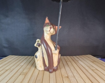Hand-Carved Balinese Wooden Cat Figurine with Umbrella – 1990s Folk Art – Timber Parasol – 28cm