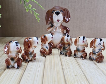 Vintage Beagle Mother & Puppies Figurines – Japanese Ceramic Dog Family – Originally Chained Set – 1960s Kitsch