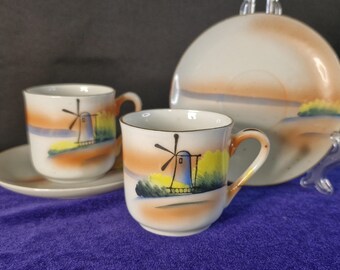 Vintage Japanese Eggshell Porcelain Demitasse Cup & Saucer – Hand-Painted Windmill Scene (c. 1925–1938)