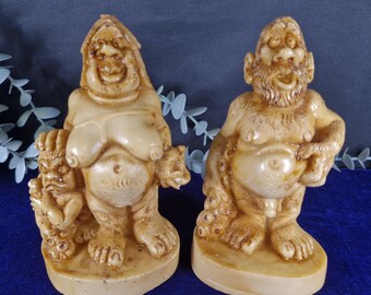 Vintage 1970s Resin Troll Figurines – Humorous European Folk Art Couple (Pair)