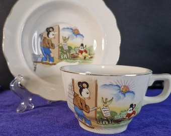 Vintage 1940s Made in Japan Children’s Cup & Saucer – Cartoon Mouse Characters – Nurseryware, Kitsch Collectible