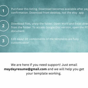 May include: A teal background with white text and numbered circular icons. The text details instructions for downloading and customising templates, including Word, Excel, and Google Doc versions. Contact maydayresume@gmail.com for support.