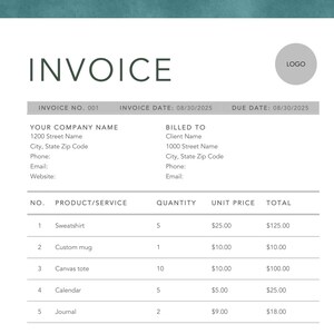 May include: A white invoice with the word "INVOICE" in dark green at the top. The invoice includes fields for company and client information, along with a table listing products such as sweatshirts, mugs, and tote bags.