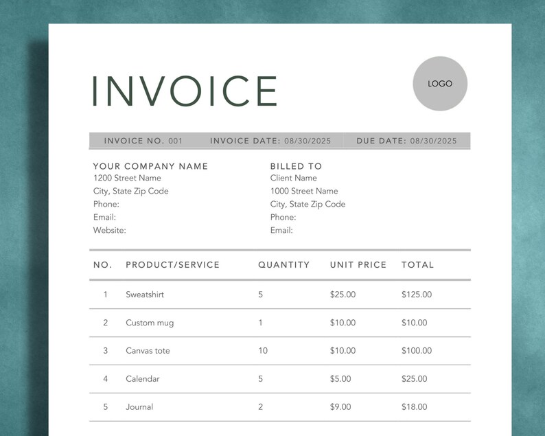 May include: A white invoice with the word "INVOICE" in dark green at the top. The invoice includes fields for company and client information, along with a table listing products such as sweatshirts, mugs, and tote bags.