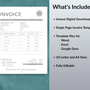 May include: A white invoice template with the word "INVOICE" at the top. The invoice includes fields for company and client information, product details, and payment methods. The right side lists "What's Included" with digital download, template files, and editable features.