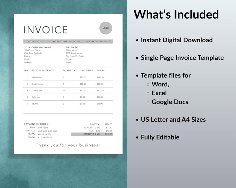 May include: A white invoice template with the word "INVOICE" at the top. The invoice includes fields for company and client information, product details, and payment methods. The right side lists "What's Included" with digital download, template files, and editable features.