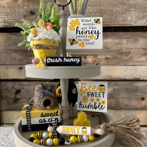 Spring Bee Honeycomb Tier Tray Decor Set: Farmhouse Signs, Rolling Pins
