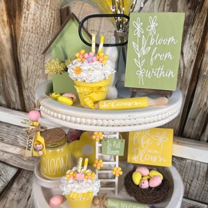 Spring Tier Tray Decor Set: Signs, Rolling Pins, Jars, Bookstacks, Ladders, Flower Pots (Bloom)