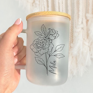 Personalized Birth Flower Insulated Coffee Tumbler with Handle for Sister, Best Friend, Bridesmaid, Personalized Coffee Mug, Travel Mug