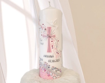 Taufkerze ARIANA individuell und personalisiert mit Name und Datum Patenkerze Dankeskerze Kommunion Konfirmation Glitzer Steinchen modern