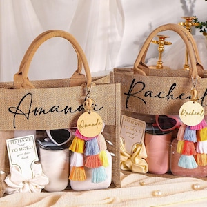 Personalized Bridesmaid Gift Bag with charm, Custom Burlap and PVC Bag, Beach tote bag, Bachelorette Party Bag, Bridesmaid Proposal Gift