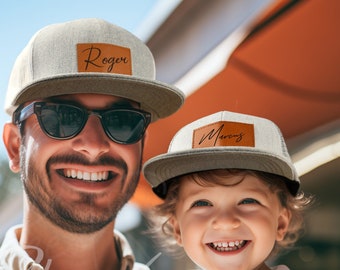 Sombrero para niños pequeños, sombrero infantil personalizado, sombrero de parche de cuero, sombrero de béisbol para niños, sombrero de firma, regalo para bebé, sombrero snapback para bebés, sombrero de papá y yo