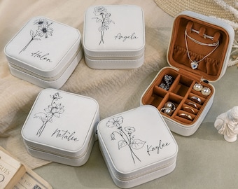 Personalized Jewelry Case,Wedding Bridesmaid Gifts,Travel jewelry box, Bridesmaids gift,Gift for bridal party,Birth Flower Jewelry Organizer