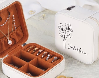 Bridesmaids Jewelry Case with Engraved Birth Flower, Bridesmaid gift Jewelry Box, Birth Flower Jewelry Travel Case, Bridesmaids gift box