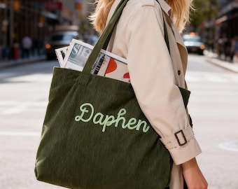 Custom Name Tote Bag,Personalized Corduroy Tote Embroidered,Christmas Gifts,Traveling Handbag,Gift for Her,Monogram Bag,Bridesmaid Gift tote