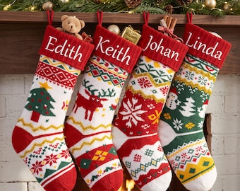 Embroidered Knit Christmas Stocking, Personalized Family Stockings, Xmas Gift, Holiday Decor
