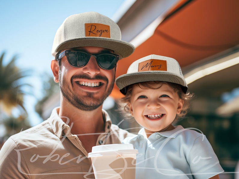 Chapeau pour tout-petit, chapeau personnalisé pour bébé, chapeau avec empiècement en cuir, casquette de baseball pour enfants, chapeau Signature, cadeau pour bébé, chapeau snapback bébé, chapeau papa et moi image 1