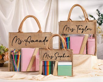 Personalized Teacher Tote Bag, Linen Appreciation Gift, Back to School Bag