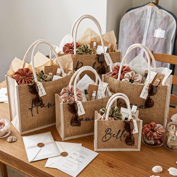 Personalized Bridesmaid Gift Bag with Charm,Custom Burlap Gift Bag,Beach Tote Bag,Bachelorette Party Bag, Bridesmaid Proposal Gift,Beach Bag