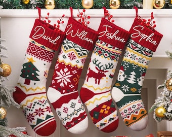 Personalized Embroidered Knit Christmas Stocking, Family Holiday Decor, Custom Name Xmas Stocking