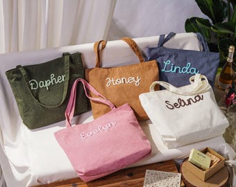 Embroidered Corduroy Tote, Bridesmaid Gift bag, Custom Name Tote Bag, Everyday Essential & Weekender, Christmas Gift for Her, Monogram Bag