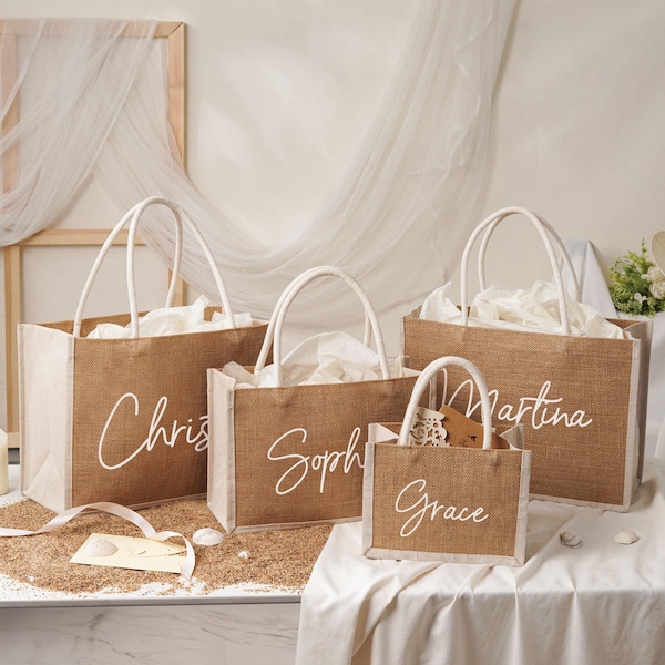 Borsa regalo personalizzata per damigella d'onore con ciondolo, borsa regalo in tela di iuta personalizzata, borsa da spiaggia, borsa per addio al nubilato, regalo per proposta di matrimonio per damigella d'onore, borsa da spiaggia