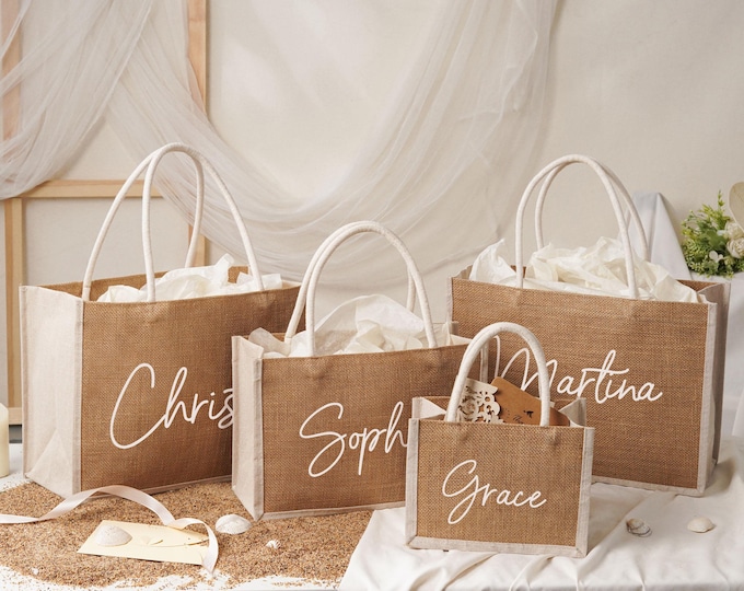 Personalized Bridesmaid Gift Bag with Charm,Custom Burlap Gift Bag,Beach Tote Bag,Bachelorette Party Bag, Bridesmaid Proposal Gift,Beach Bag