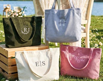 Personalized Embroidered Corduroy Tote, Bridesmaid Gift Bag, Large Capacity Bag with Zipper, Everyday Essential