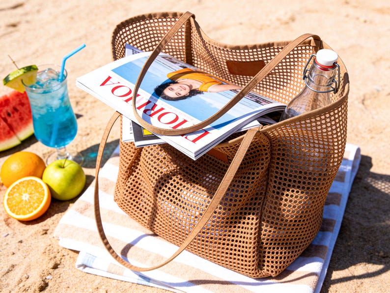 May include: A brown mesh tote bag with long handles, filled with magazines, a glass bottle, and resting on a striped towel. A blue cocktail, watermelon, and fruit are nearby, suggesting a beach or outdoor setting.