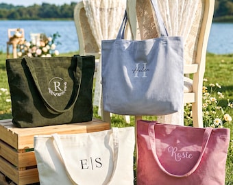 Sac cabas en velours côtelé brodé personnalisé, sac cadeau pour demoiselle d'honneur, grand sac zippé, indispensable au quotidien