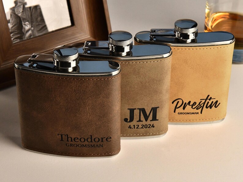 Personalized Flask for Men, Leather Flask Engraved, Custom Leather Flask, Groomsmen Gift, Leather Hip Flask, Monogrammed Flask, gift for him image 5