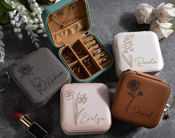 Birth Flower Jewelry Travel Case, Jewelry Travel Case, Engraved Leather Jewelry Box, Birthday Gifts for Her, Bridesmaid gift Jewelry box