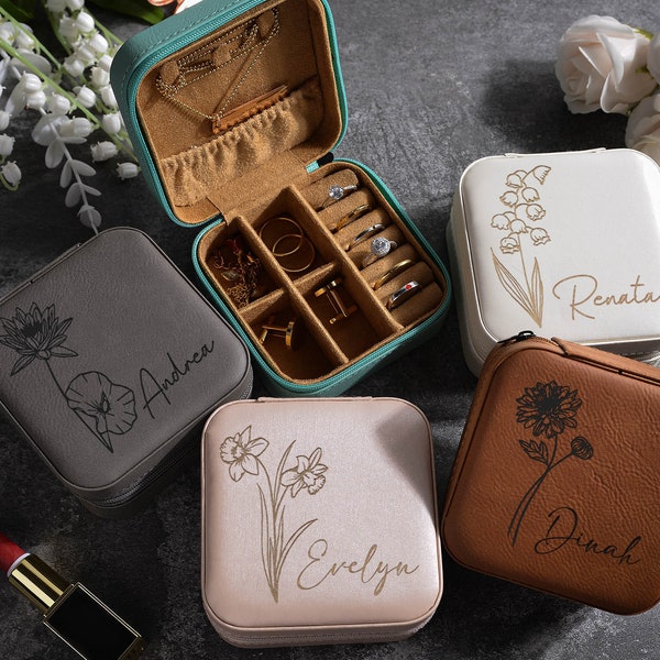 Birth Flower Jewelry Travel Case, Jewelry Travel Case, Engraved Leather Jewelry Box, Birthday Gifts for Her, Bridesmaid gift Jewelry box