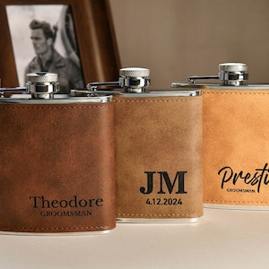 Personalized Flask for Men, Leather Flask Engraved, Custom Leather Flask, Groomsmen Gift, Leather Hip Flask, Monogrammed Flask, gift for him image 1