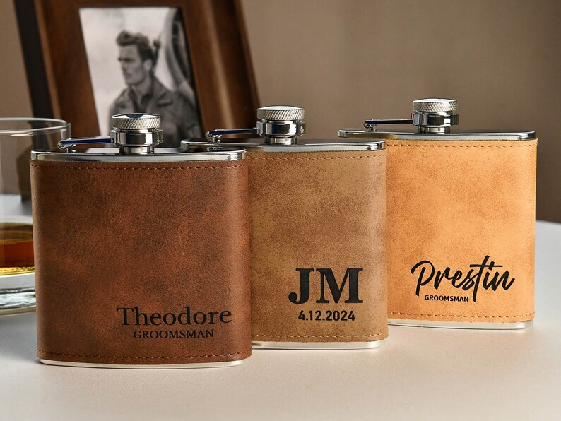 Personalized Flask for Men, Leather Flask Engraved, Custom Leather Flask, Groomsmen Gift, Leather Hip Flask, Monogrammed Flask, gift for him image 1