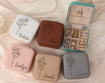 Engraved Bridesmaids Jewelry Case Personalized, Birth Flower Jewelry Organizer,Travel jewelry box,Jewelry Case gift for mom,Mothers day gift