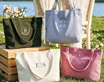 Personalized Embroidered Corduroy Tote, Bridesmaid Gift bag, Large Capacity Bag with Zipper, Everyday Essential