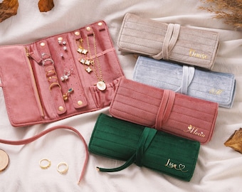 Velvet Personalized Jewelry Bag, Travel jewelry Roll, Jewelry Organizer Velvet, Gifts for Her, Jewelry Roll Bag, Monogram Bridesmaid Gift