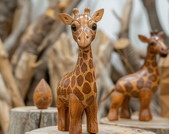 Wood Art Figurine Ornament, Original Art Carving Statue, Wood Art Figurine Ornament, Handmade Giraffe Wood Art Figurine Ornament